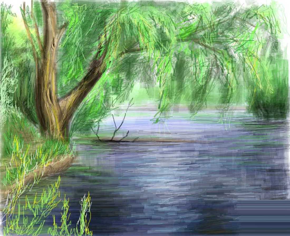 Рисунок красивого озера. Пейзаж цветными карандашами. Нарисовать речку. Нарисовать реку. Природа цветными карандашами.