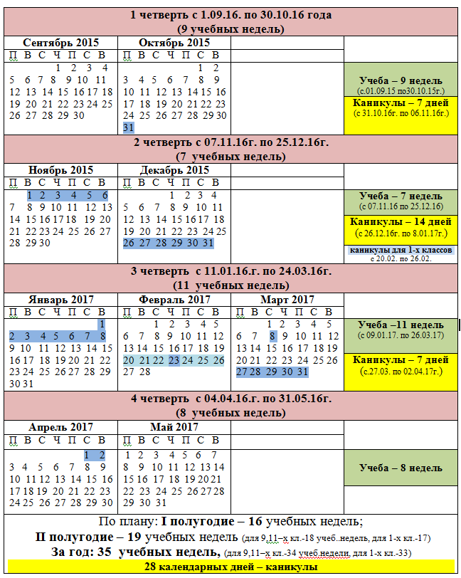 Расписание школьных каникул на 2020 - 2021 учебный год